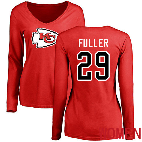 Women Football Kansas City Chiefs #29 Fuller Kendall Red Name and Number Logo Slim Fit Long Sleeve T-Shirt->nfl t-shirts->Sports Accessory